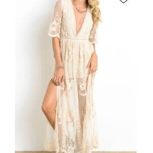 Wishlist Ivory Lace Boho Embroidered Maxi Dress Womea Small